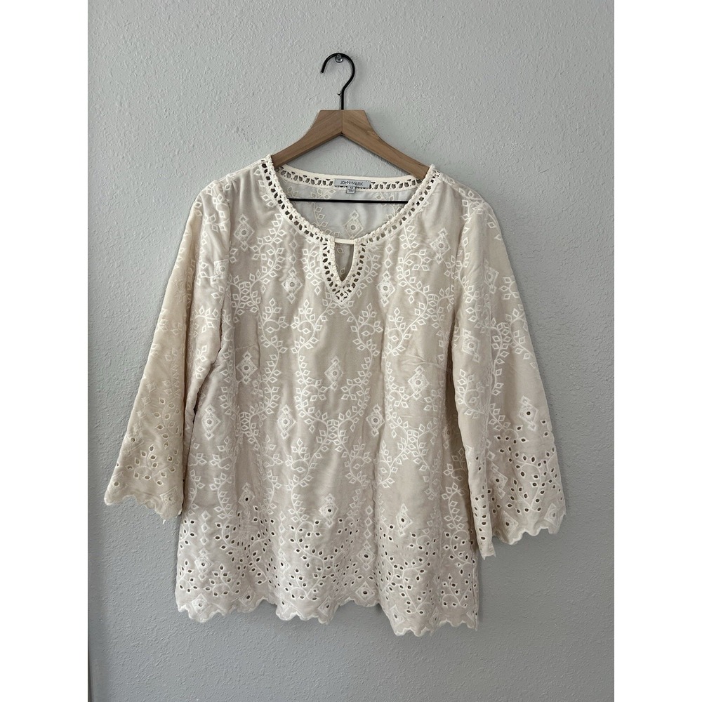 NWT John Mark Bell Sleeve Eyelet Embroidered Blouse Velour Ivory Boho Tunic M